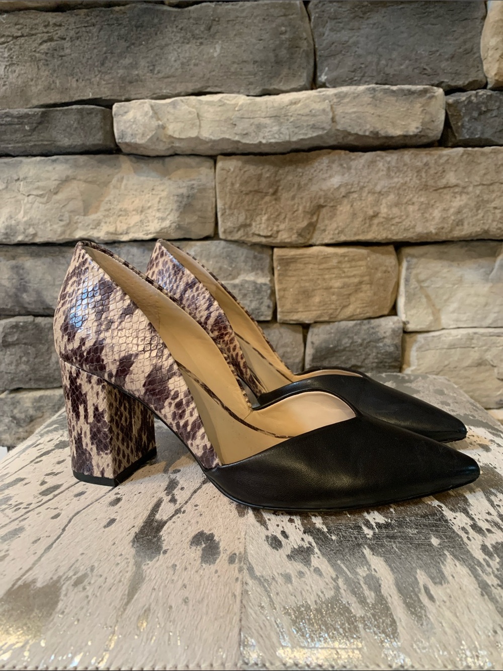 1. State Black Pumps with Snakeskin Print Block Heel